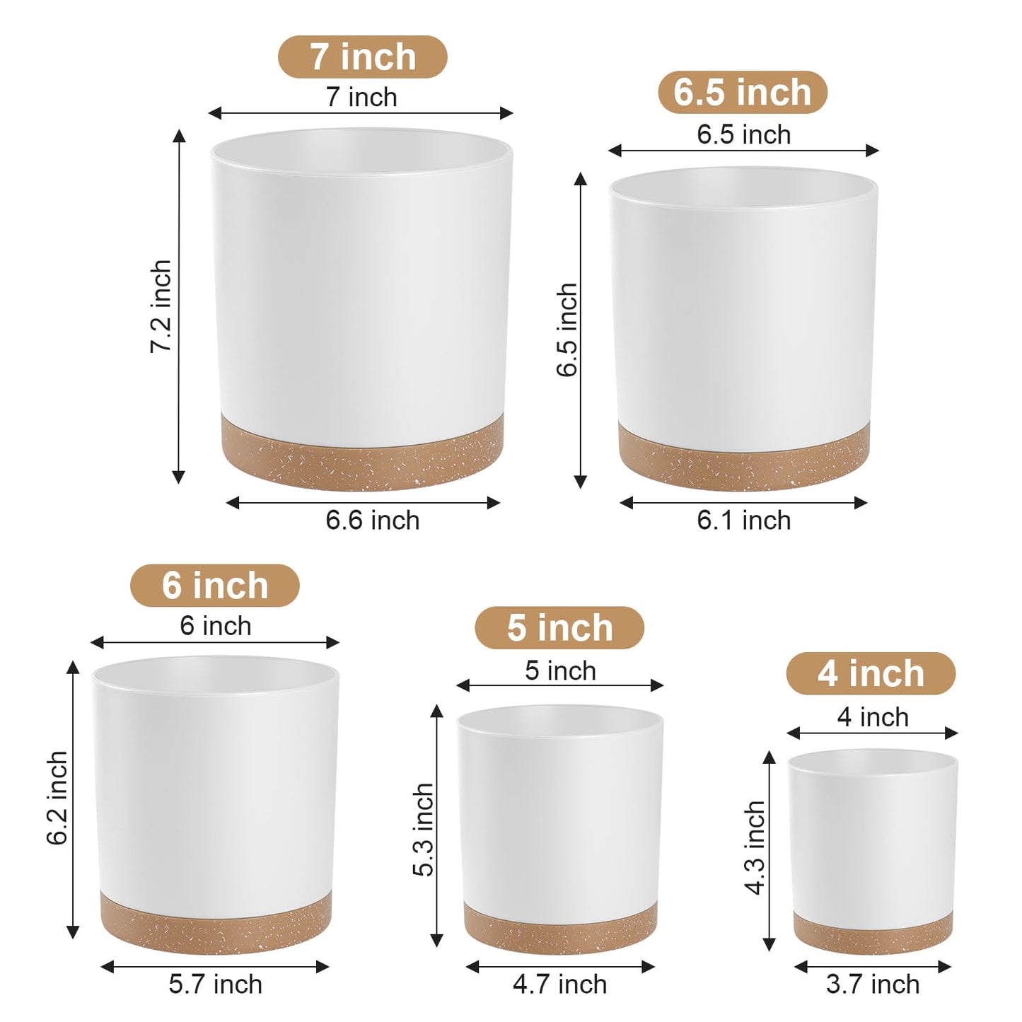 YNNICO Plant Pots with Drainage Holes and Saucers – 7, 6.5, 6, 5, 4 Inch Plastic Planters for Indoor Outdoor Plants, Modern Matte Finish, Lightweight & Durable（White
