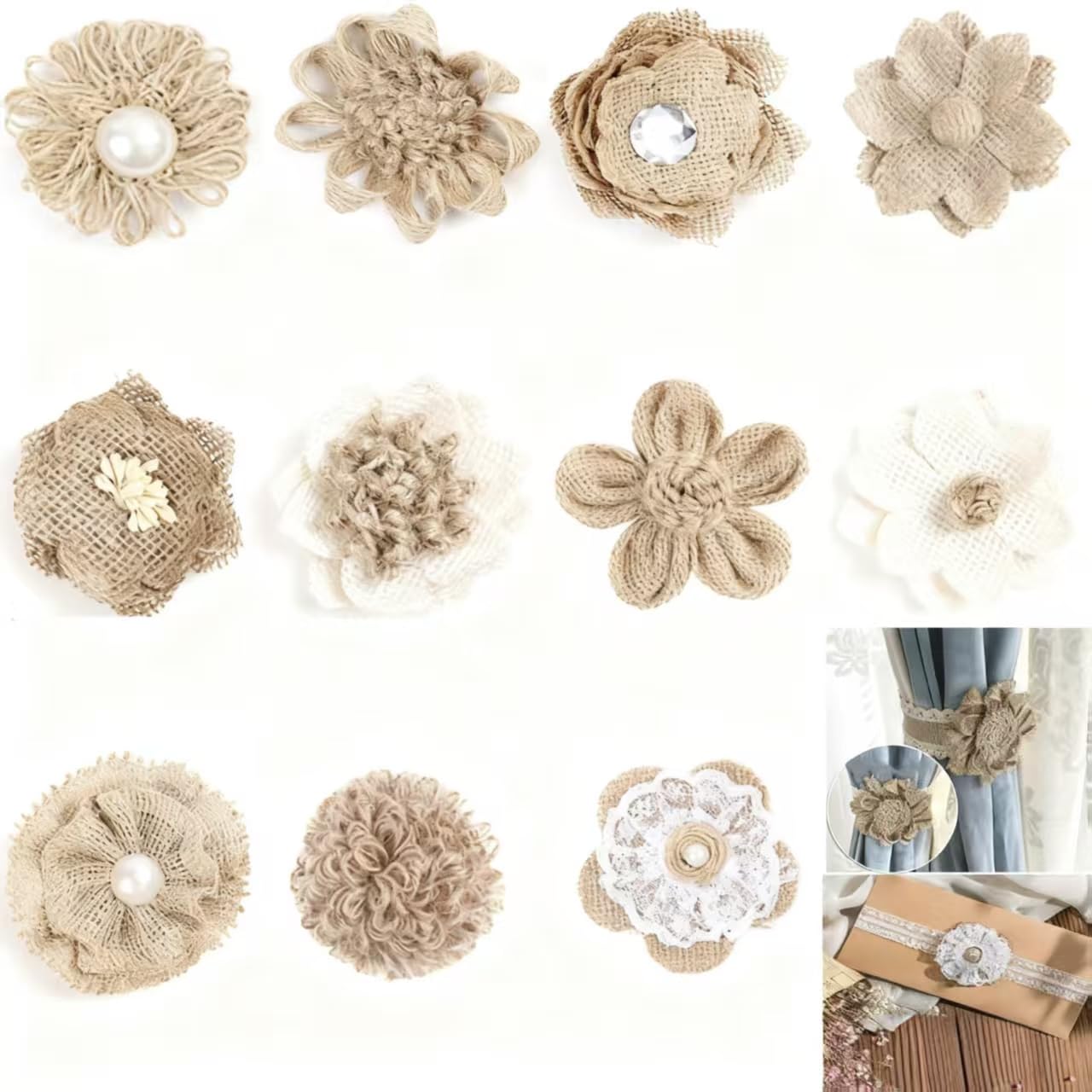 VstarOne 11 PCS Handmade Natural Burlap Flowers, 11 Styles Handmade Rustic Flower for DIY Handmade Crafts, Home Embellishment, Wedding, Christmas, Party Decoration