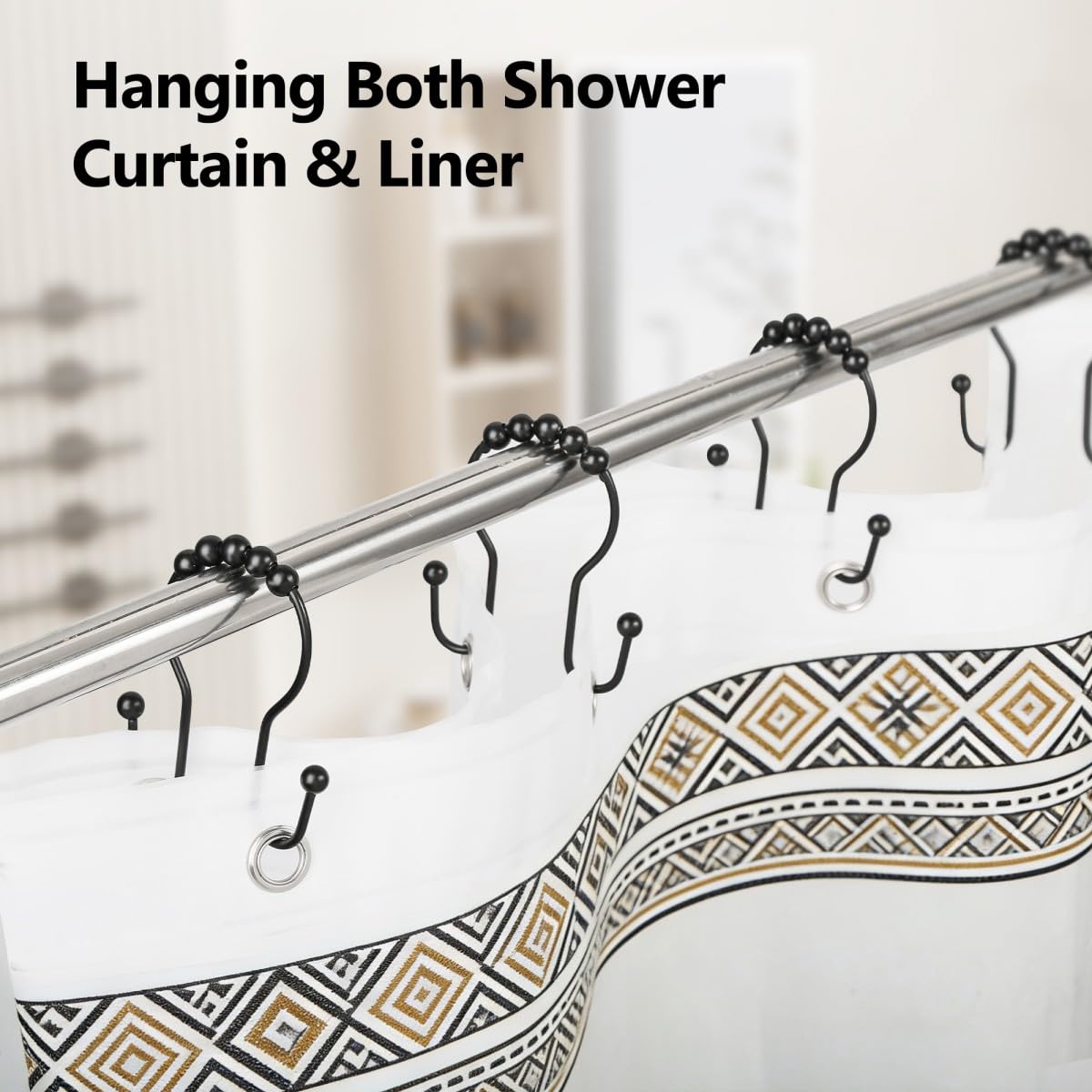 Resze Shower Curtain Hooks, Sturdy Metal Black Shower Curtain Rings, Glide Roller Double Shower Hooks, Rust Proof Anti-Drop Curtain Hooks, 12 Pcs Smooth Sliding Rings for Bathroom Shower Rods Curtains
