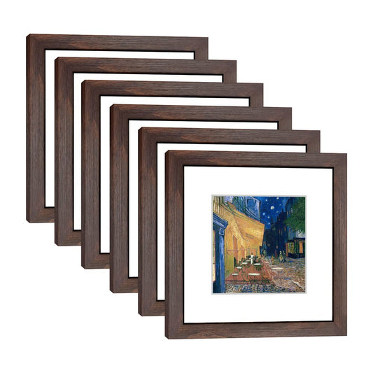 DEKWINN 8x8 Walnut Picture Frame Set of 6 with Real Glass for Pictures 5x5 with Mat or 8x8 Without Mat, Wall or Tabletop Gallery Photo Frames