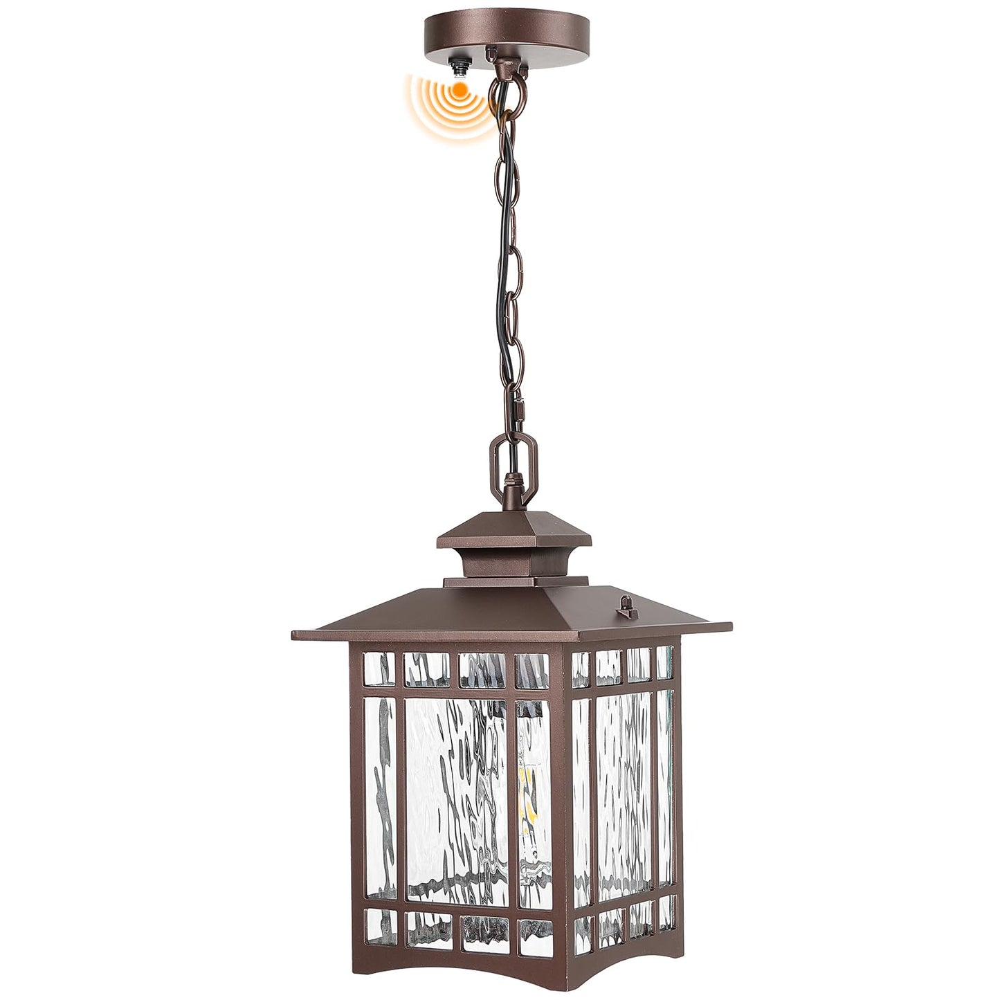 Dusk to Dawn Outdoor Pendant Light, 15 Inch Large Square ORB Oil Rubbed Bronze Exterior Hanging Lantern, Waterproof Anti-Rust Aluminum Outdoor Light with Water Ripple Glass for Porch Patio Entryway