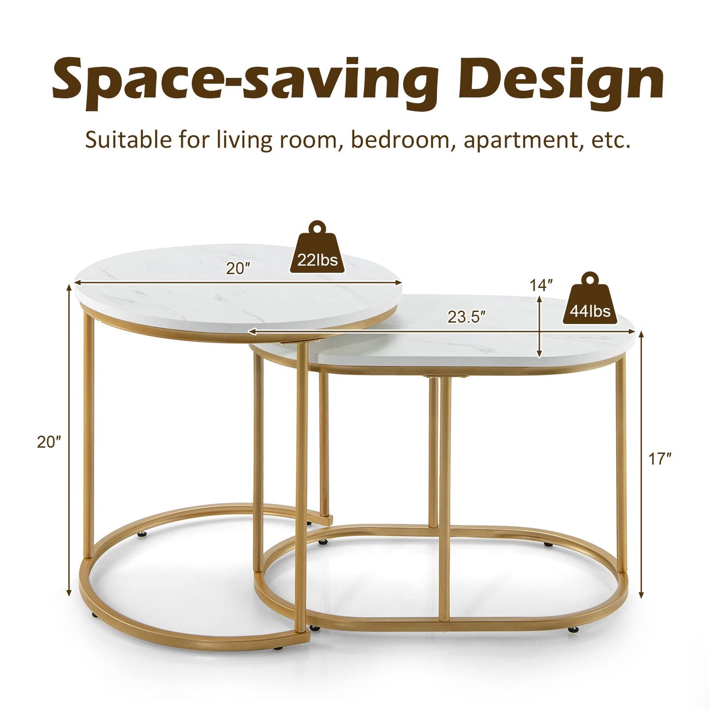 Giantex Modern Nesting Coffee Table Set of 2, Coffee Table & End Table Sets, Golden Steel Frame, Easy Assembly, Accent Marble-Look Stacking Side Table for Living Room Bedroom Apartment (Gold)