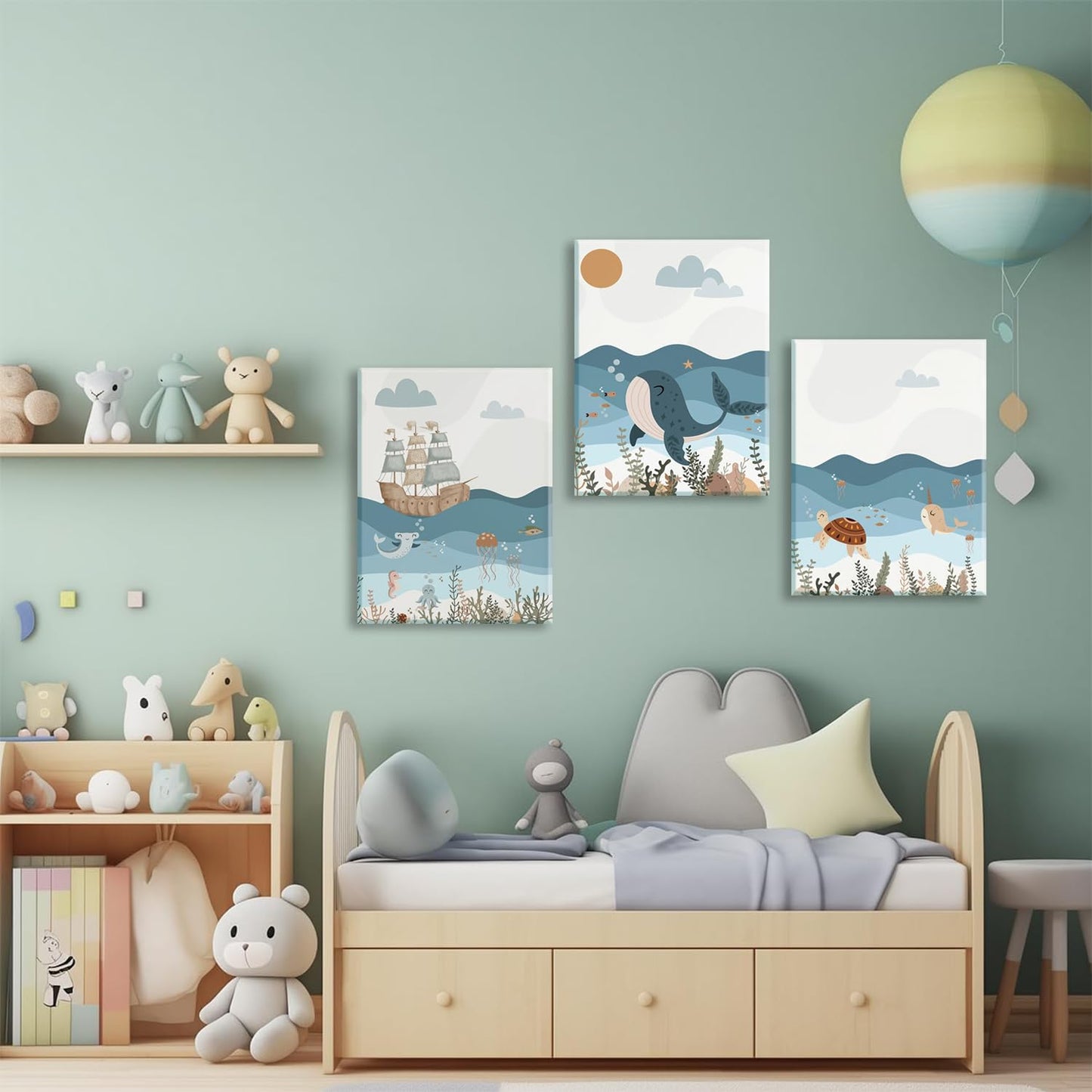 LYPHNX Framed Blue Ocean Nautical Nursery Canvas Wall Art Sea Turtle Whale Animal Painting Picture Set of 3 Kids Prints Poster Wall Decor for Baby Boys Girl Children's Room Bedroom Bathroom 12"x16"