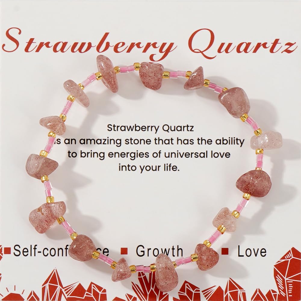SHINUS BOHO Healing Natural Crystal Beaded Stretch Bracelet for Women,Handmade Boho Irregular Strawberry Quartz Energy Stones Growth Love Bracelet Summer Beach Fashion Jewelry Gift Friendship