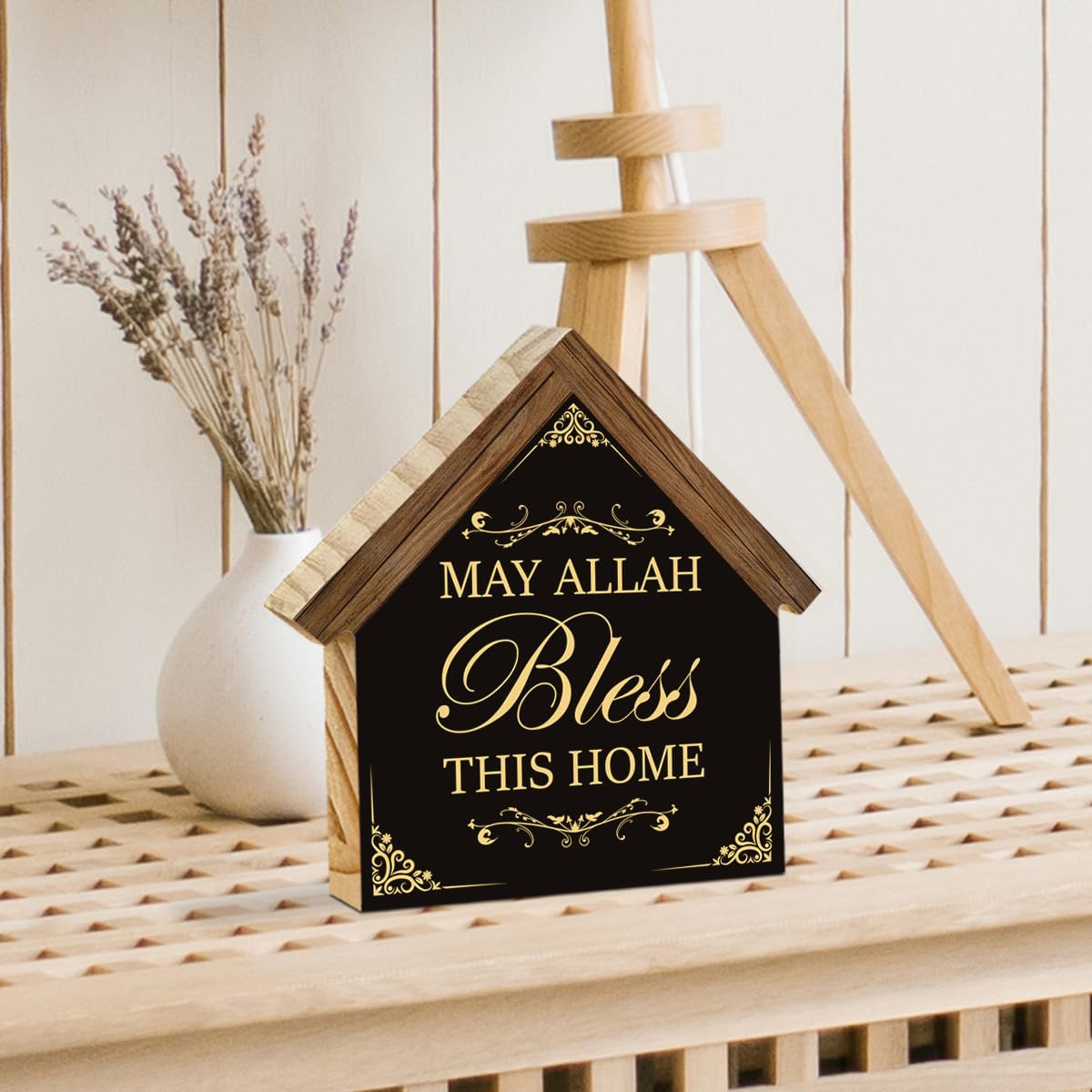 Islamic Ramadan Wood Sign Home Decor Muslim Eid May Allah Bless This Home House Shaped Wooden Block Sign Desk Shelf Table Decor