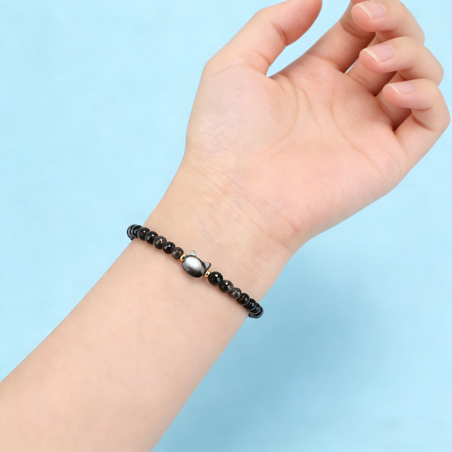 AD Beads 4mm Cat Head Silver Obsidian Bracelet – Attract Money, Abundance & Business Luck, Beaded Spiritual Energy Bracelet for Women and Men