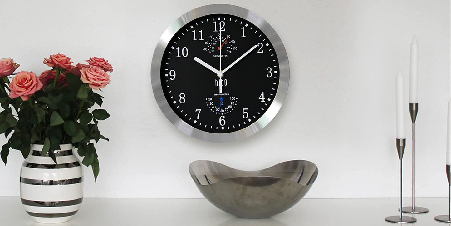 HITO 10 Inch Silent Wall Clock Battery Operated Non Ticking Glass Cover Silver Aluminum Frame, for Kitchen, Bedroom, Home Office, Living Room Decor (Black)
