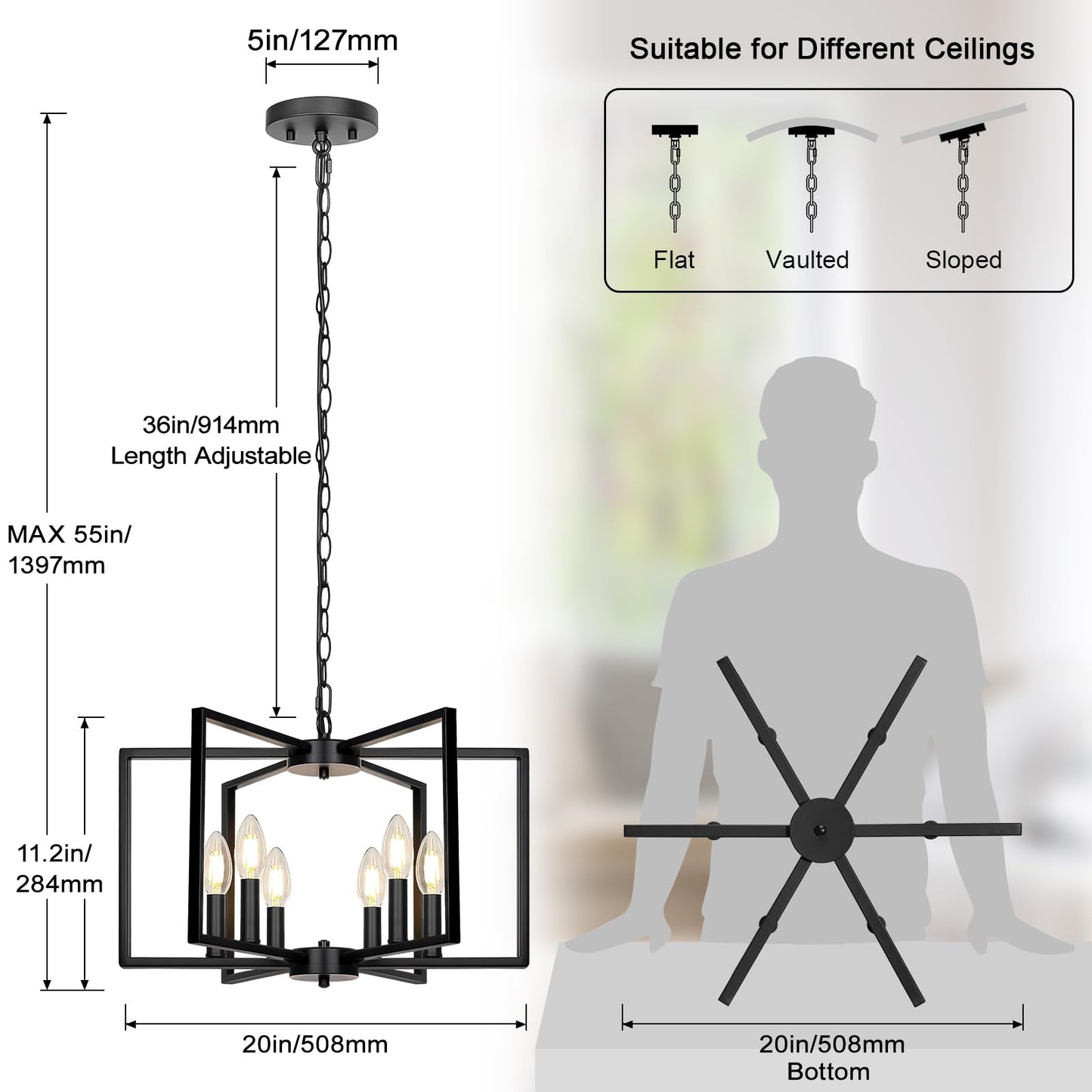Black Farmhouse Chandelier, 6 Light Geometric Dining Room Light Fixture, Modern Industrial Metal Ceiling Light Rustic Hanging Pendant Lights with E12 base for Kitchen Island Entryway Foyer, Indoor