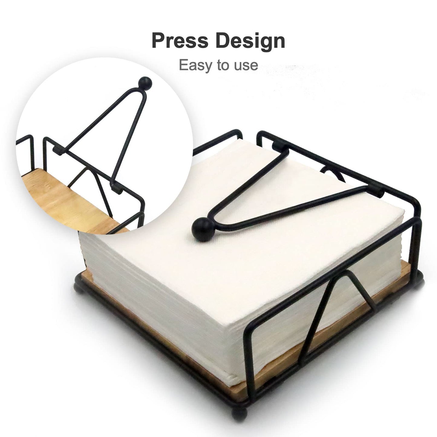 Napkin Holder for Table, Metal and Wood Napkin Holder, Standing Napkin Holders for Paper Napkins, for Kitchen Counter, Dining Table, 7" x 7"(Black)