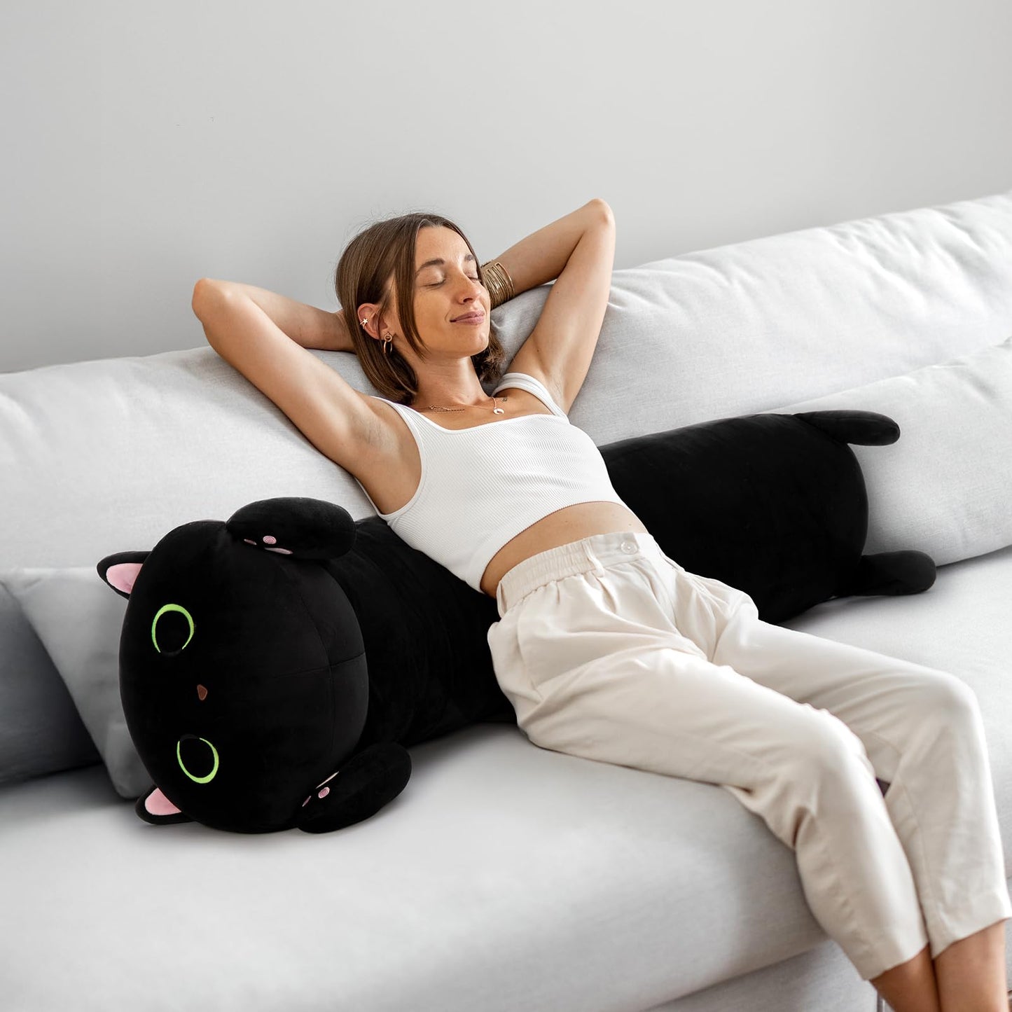 MaoGoLan Black Cat Plush Body Pillow, 44'' Giant Glow in The Dark Cat Stuffed Animal Toy for Girl Boy Kid, Big Cute Kitten Plush Throw Pillow for Birthday Gift, Baby Shower Party Favor Decor