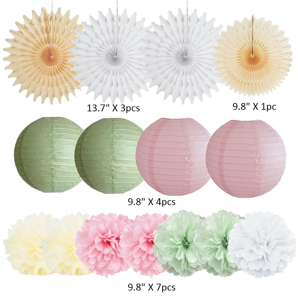 Sage Green and Pink Party Decorations Paper Lanterns Decorative Pink Gold Tissue Paper Pom Poms Sage Green Party Decorations Gold Star Garland for Baby Shower Bridal Shower Birthday Wedding Engagement