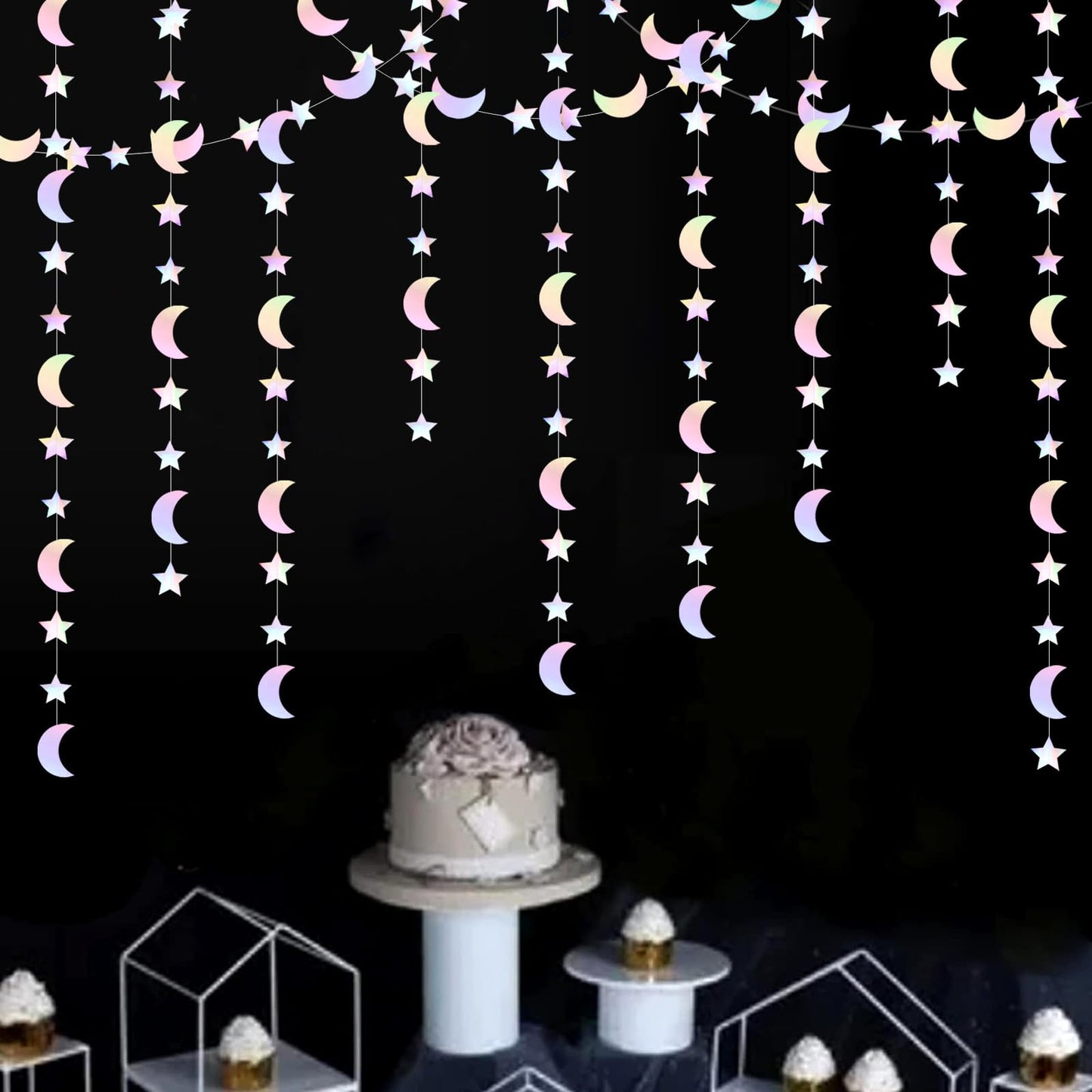 Iridescent Disco-Holographic Party-Decorations Moon-Star Garland - 62Ft Twinkle Little Star Hanging Neon Streamers Banner,Eid Ramadan Mubarak Decoration Birthday Wedding Baby Shower Decor Panduola