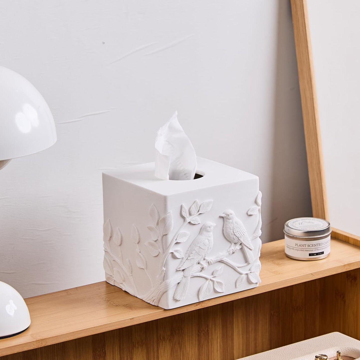 White Marble Relief Birds Square Tissue Box Cover Decorative,Resin Heavy Sturdy Tissue Box Holder, Facial Paper Holder for Bathroom Vanity Countertop, Bedroom Night Stand,Office and End Table