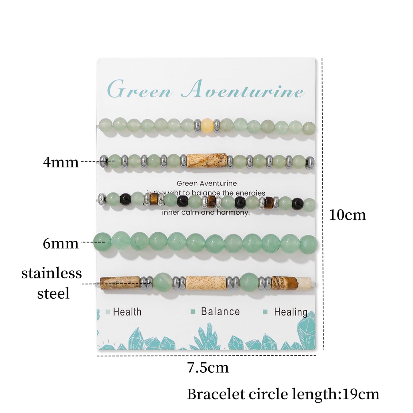 Lit Wall 5Pcs Green Jade Bracelet Set - Stackable Beaded Bracelets - Stretch Bracelets for Women - 4mm & 6mm Jade Beads - 19cm/7.48 in - Green Aventurine