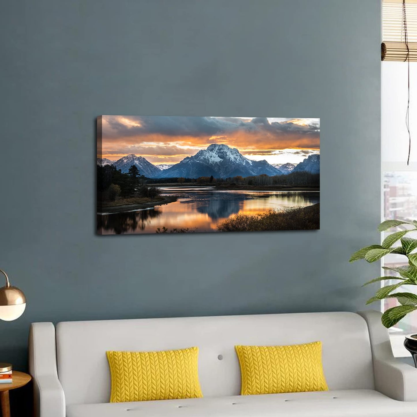 Sunset Mountain Wall Art for Living Room Nature Grand Teton Landscape Canvas Wall Decor National Park Wall Art Oxbow Bend Snake River Scenery Wyoming Painting Artwork Office Home Decoration 20x40"