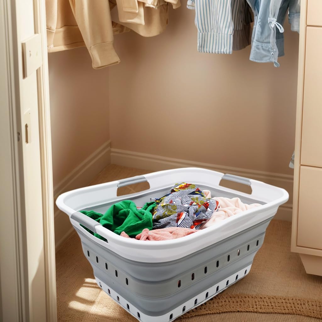 SAMMART 42L (11 gallon) Collapsible Plastic Laundry Basket - Foldable Pop Up Storage Container/Organizer - Space Saving Hamper/Basket (1, White/Grey)