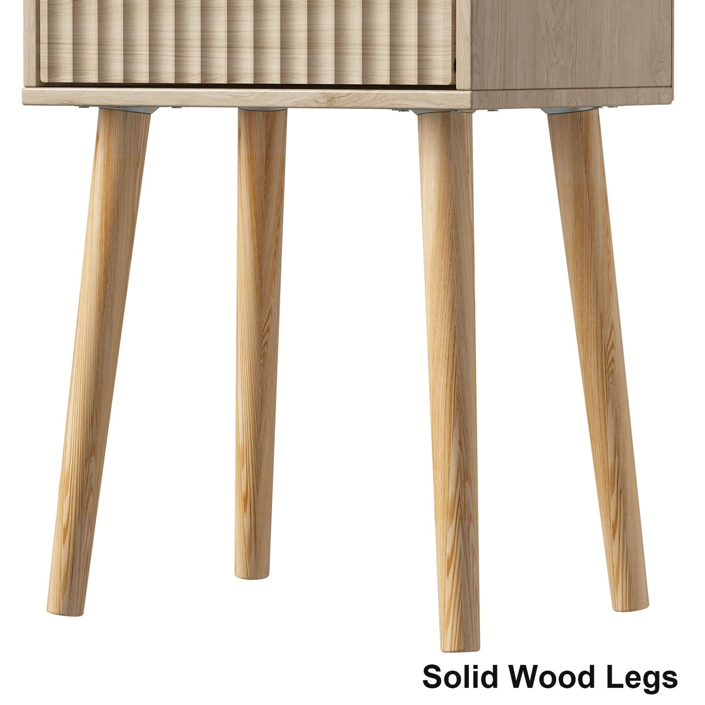 LAATOOREE Nightstands Set of 2, Small Side Table, Bedside Table with Fluted Door, Solid Wood Feet; Modern Mid-Century End Table for Bedroom, Small Space (Natural)