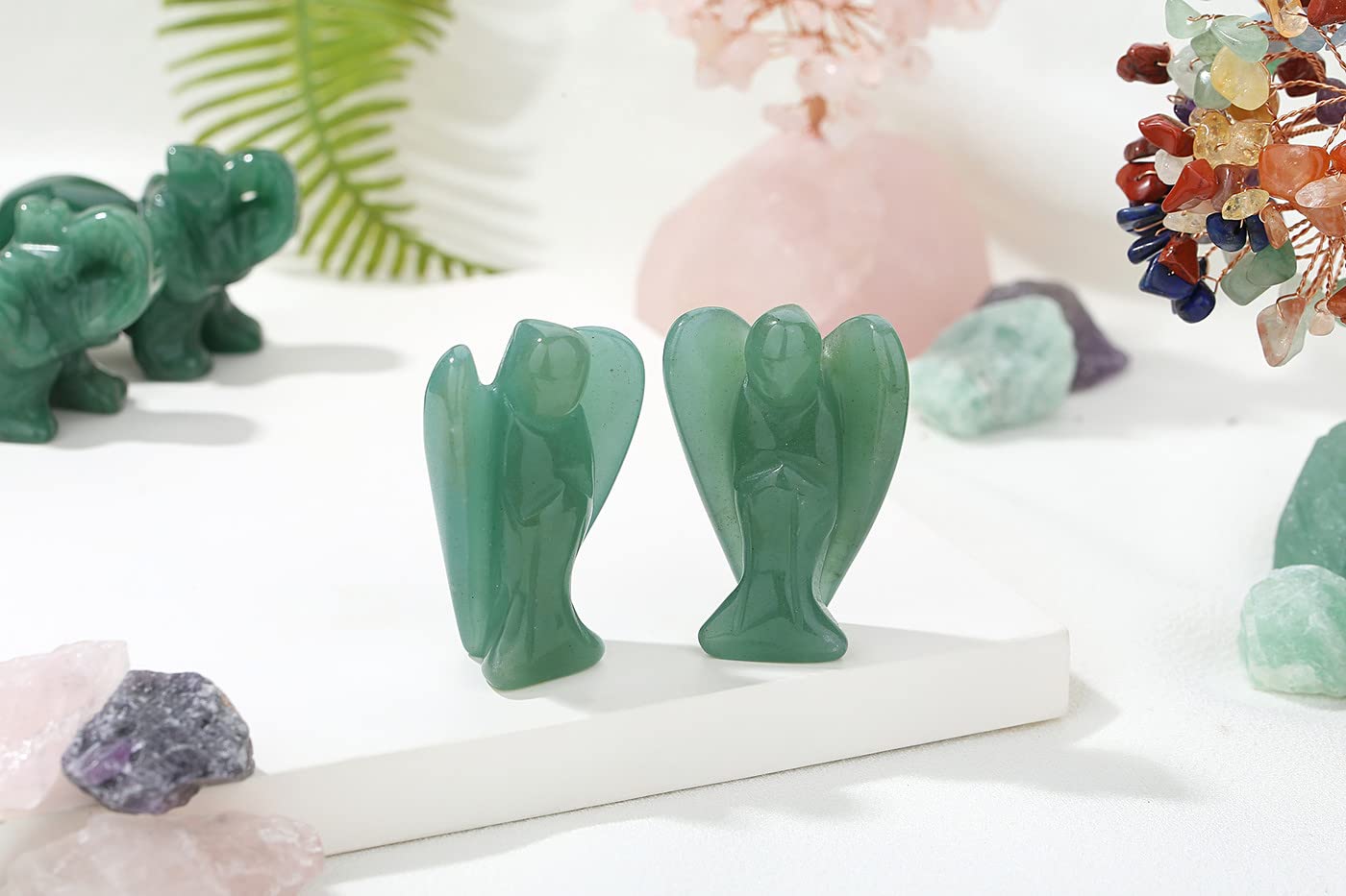 YATOJUZI 2" Green Aventurine Angel Decor Healing Crystals Polished Natural Stone Sculpture Statue Hand Carved Cute Figurines Energy Reiki Home Room Office Desk Decoration Guardian Gifts for Women Men