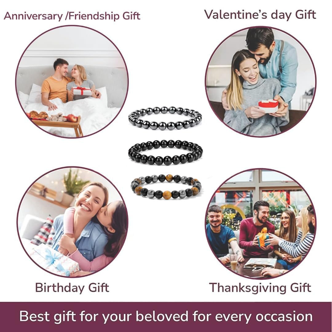 Crgwxzl 3pcs Triple Protection Bracelet, Genuine Tigers Eye Black Obsidian and Hematite 8mm Beads Bracelet for Men Women, Crystal Jewelry Stone Bracelets for Men Bring Luck Prosperity