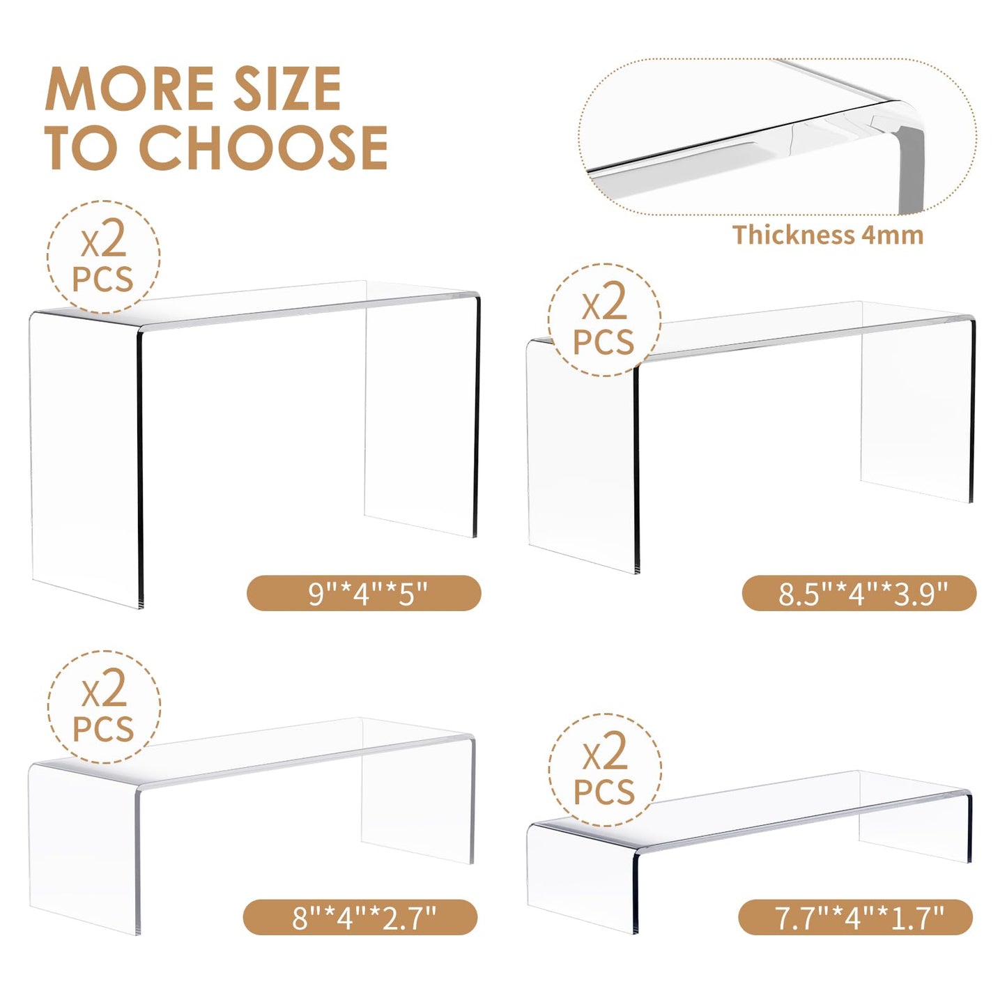 Anglelife 8 Pieces 2 Set (7”L~8”L~9”L) Large Display Risers, 4" Wide Clear Rectangular Stand Shelf for Showcase Collectibles, Acrylic Cake Shelves for Retail Desktop Jewelry Funko Pop Figures