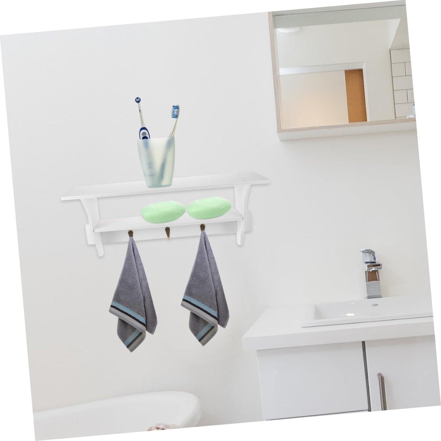 ABOOFAN Modern Wall Shelf with Hooks Floating Storage Rack for Home Decor Key Holder and Organizer Design for Entryway Bedroom and Bathroom Elegant White Finish