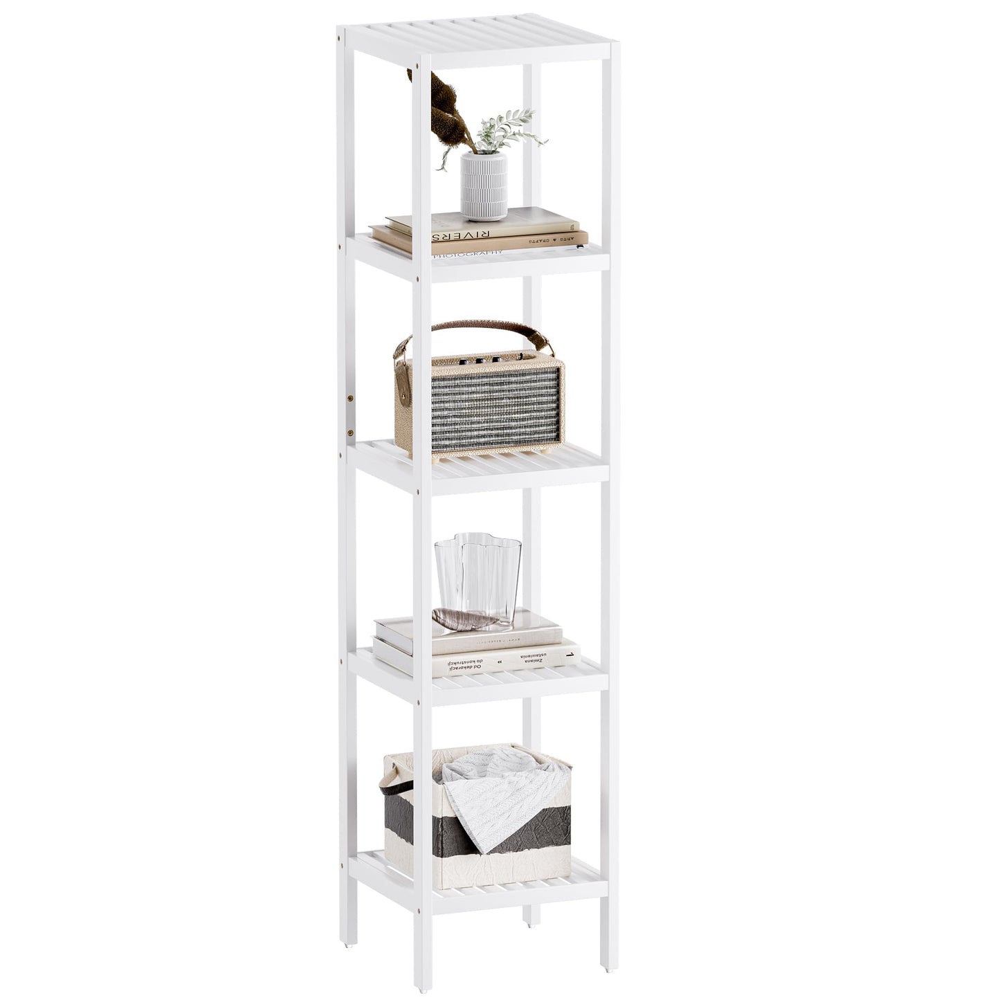 SMIBUY Bathroom Storage Shelf, 5-Tier Bamboo Rack Organizer, Multifunctional Shelving Unit for Living Room Bedroom Kitchen (White)