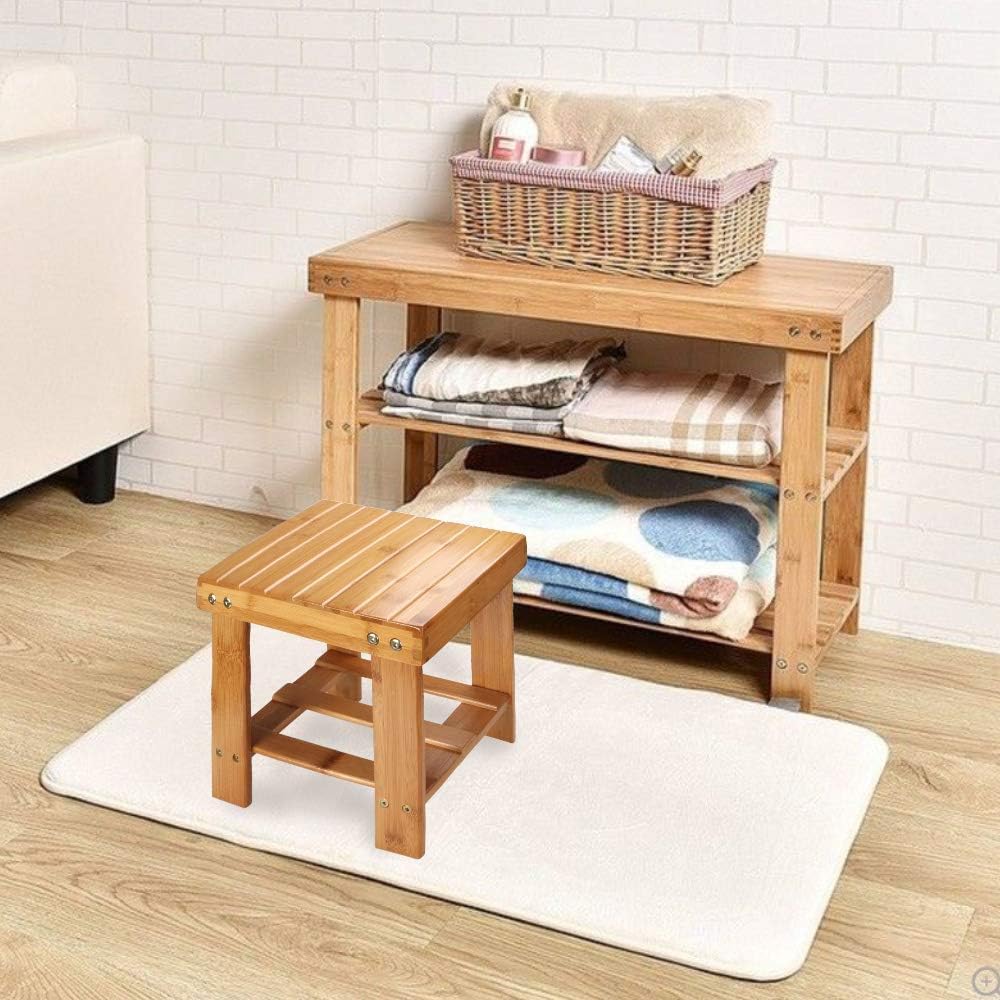STARVAST Bamboo Shower Stool Small Wood Shower Bench 10 inch Wooden Stool Seat Foot Rest Ideal for for Small Spaces Bathroom Bedside Inside Shower Entryway Shoe Spa Bench
