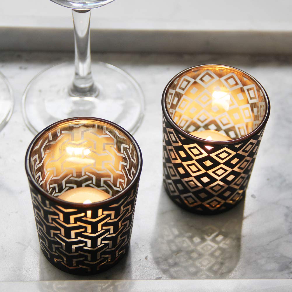 SHMILMH Black Gold Glass Votive Candle Holders Set of 12, Tealight Candle Holder with 4 Patterns for Ramadan Decorations, Eid Mubarak, Wedding Centerpiece, Modern Home Table Decor, Gift Set