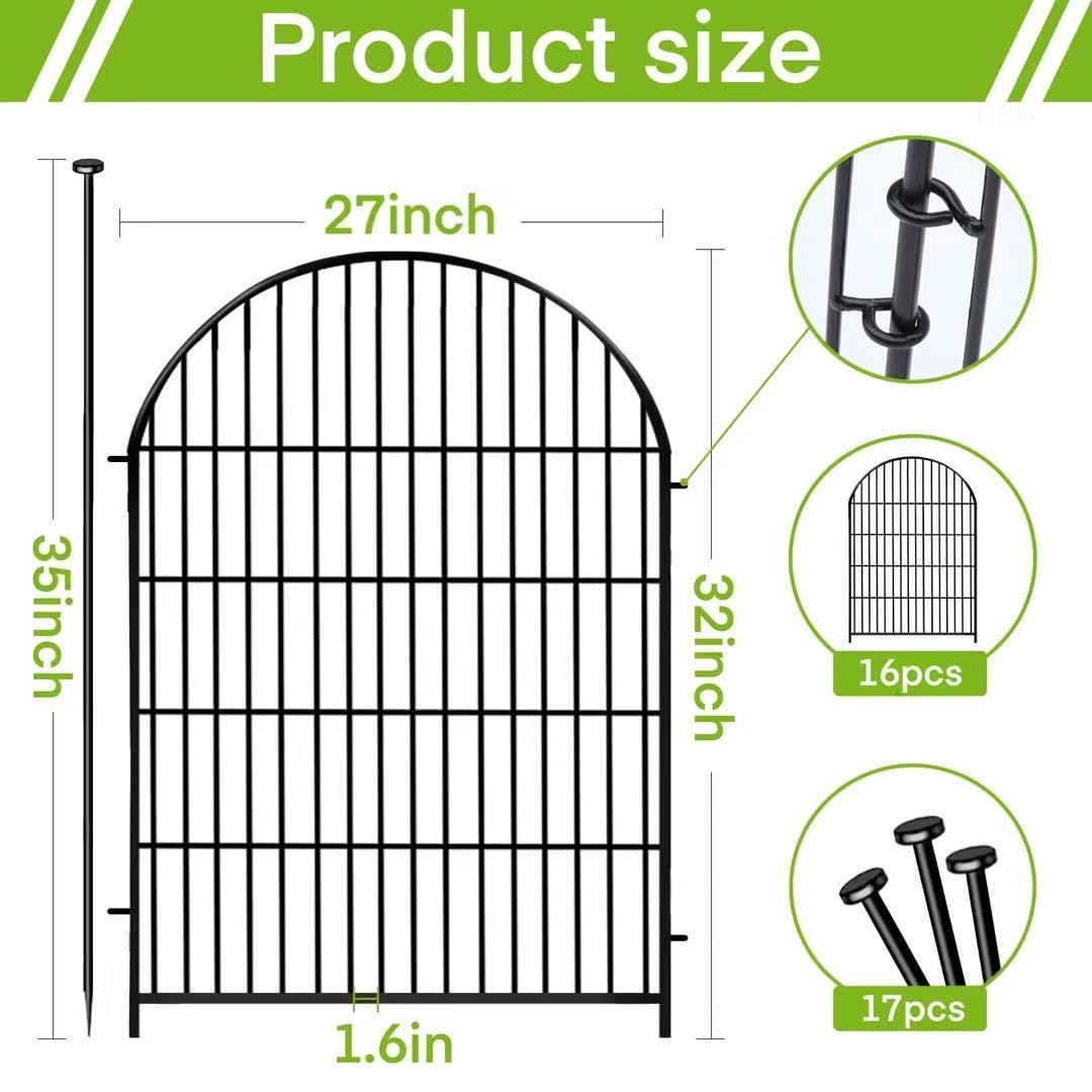 ADAVIN Garden Fence Animal Barrier with Gate 32 in(H)×35 Ft(L) 16 Panels,Rustproof Metal Wire Tall Fencing Border for Dogs Rabbits,Outdoor no dig pet Fences,Black Flower Edging for Yard,Arched