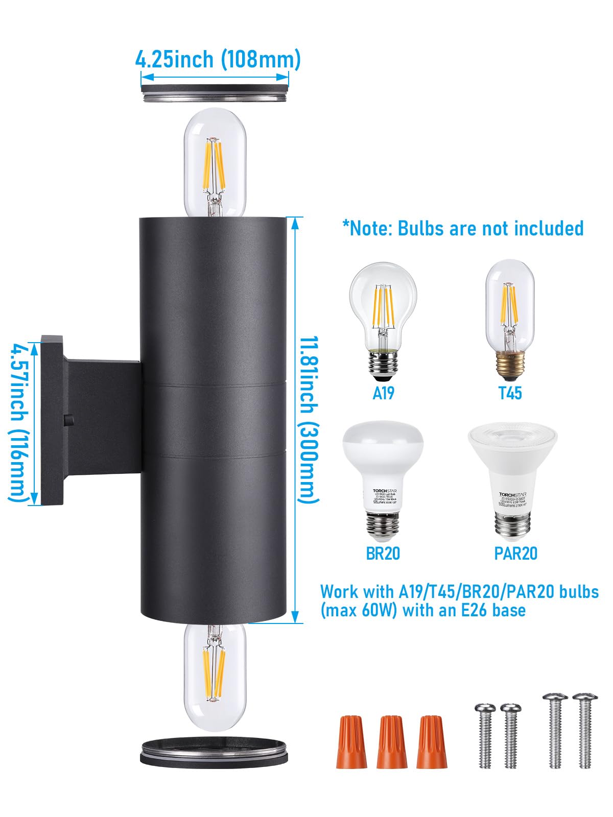 LEONLITE Modern Outdoor Cylinder Wall Lights 12", Up and Down Porch Patio Lights, Matte Black Waterproof Wall Sconce, Aluminum, E26 Base, Exterior Light Fixture Wall Mount, ETL, Pack of 2