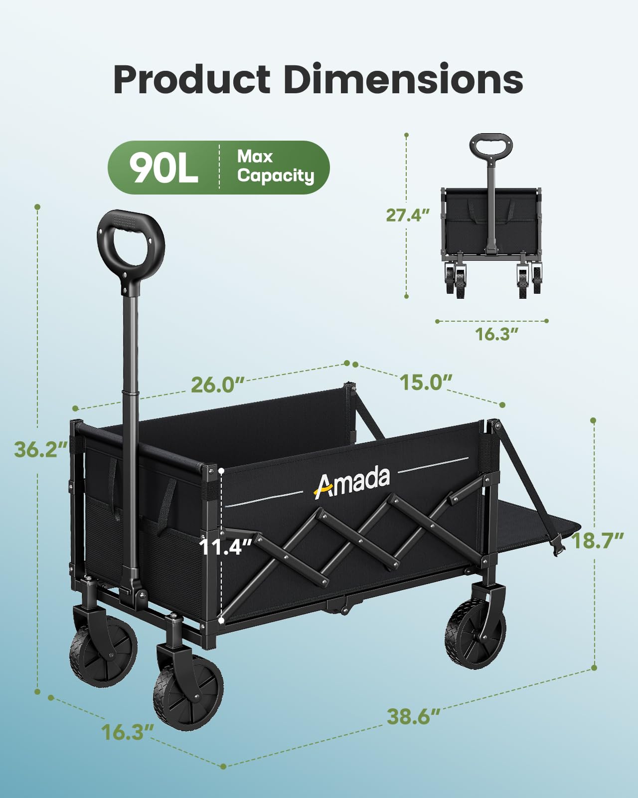 Small Wagon Cart Foldable, Collapsible Wagon with 360 LBS Max Load & Expandable Storage, 90L Foldable Grocery Cart with 2 Cup Holders for Outdoor, Garden, Camping &Groceries-Black