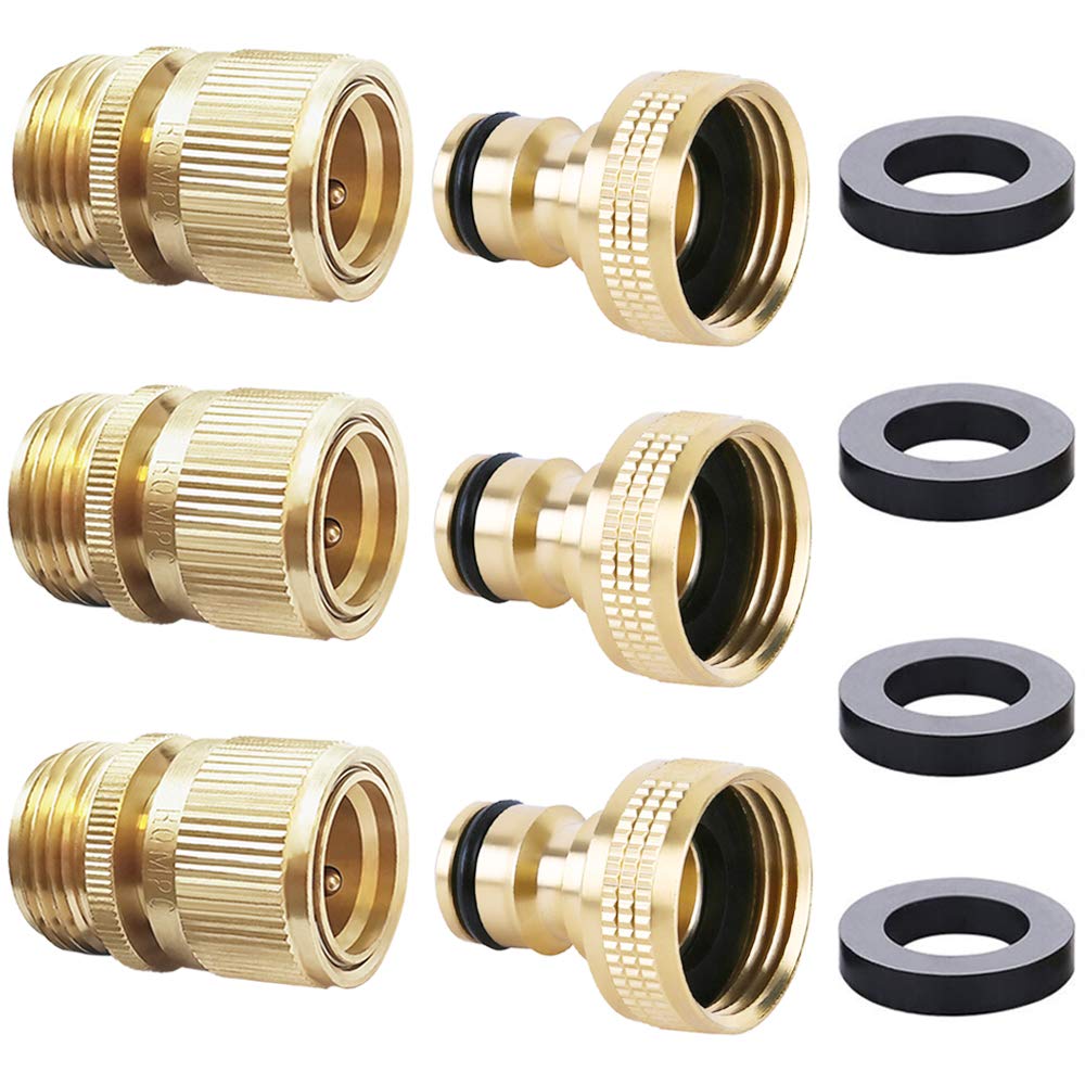 HQMPC Garden Hose Quick Connector Water Hose Quick Connect ¾ inch GHT Brass Easy Connect Fitting Quick Connect Hose Fittings Garden Hose Fitting Water Hose Connectors (3SETS)