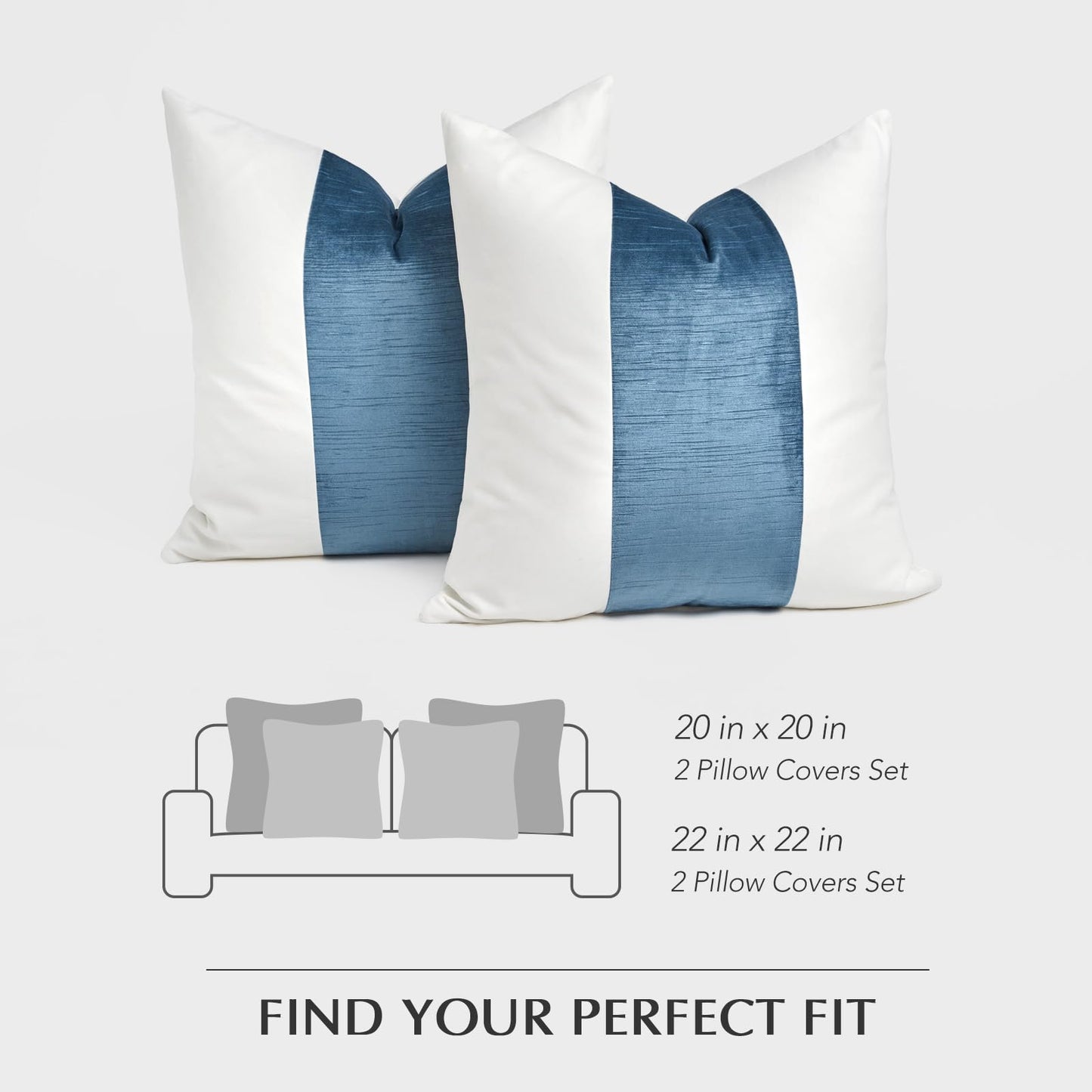 EVERGRACE x Kinsey Walsh Signature Velvet Panel Cotton Pillow Covers Set of 2, Decorative Pillow Covers 22"x22" for Couch, Square Cushion Cases for Sofa Bedroom Living Room, Blue Topaz