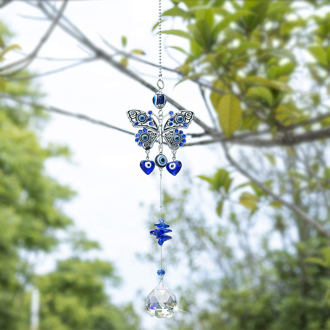 Turkish Blue Evil Eye Butterfly Wall Hanging with Crystal Suncatcher Ornament for Home Decor Protection Good Luck Blessing Housewarming Birthday Gift