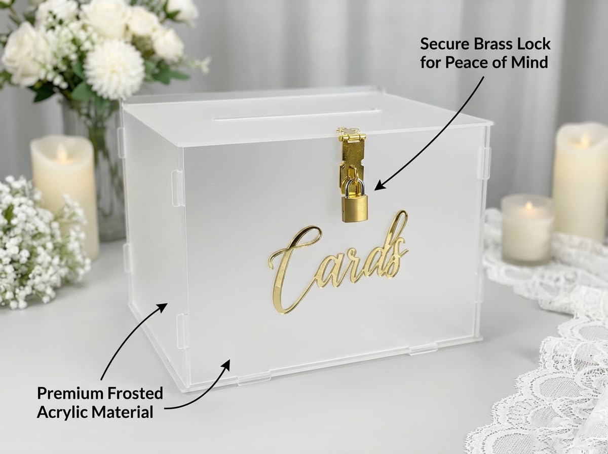 FCDECOR 11" Acrylic Wedding Card Box with Lock, Frosted Gift Card Box for Wedding Decorations for Reception, Honeymoon Fund Money Box for Bridal Shower Decorations Party Reception Anniversary