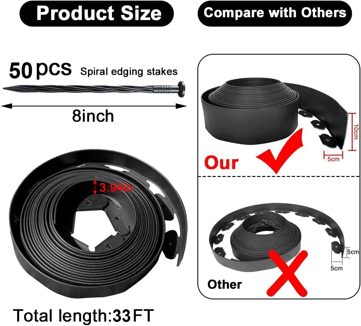 Landscape Edging 33FT,Garden Edging Borders [Extra Tall 4IN High] Flexible Lawn Edging Kit with Total 50pcs Stakes,Plastic Fence Edge DIY for Yard,Tree,Flowerbeds,Landscaping,Grass -Black