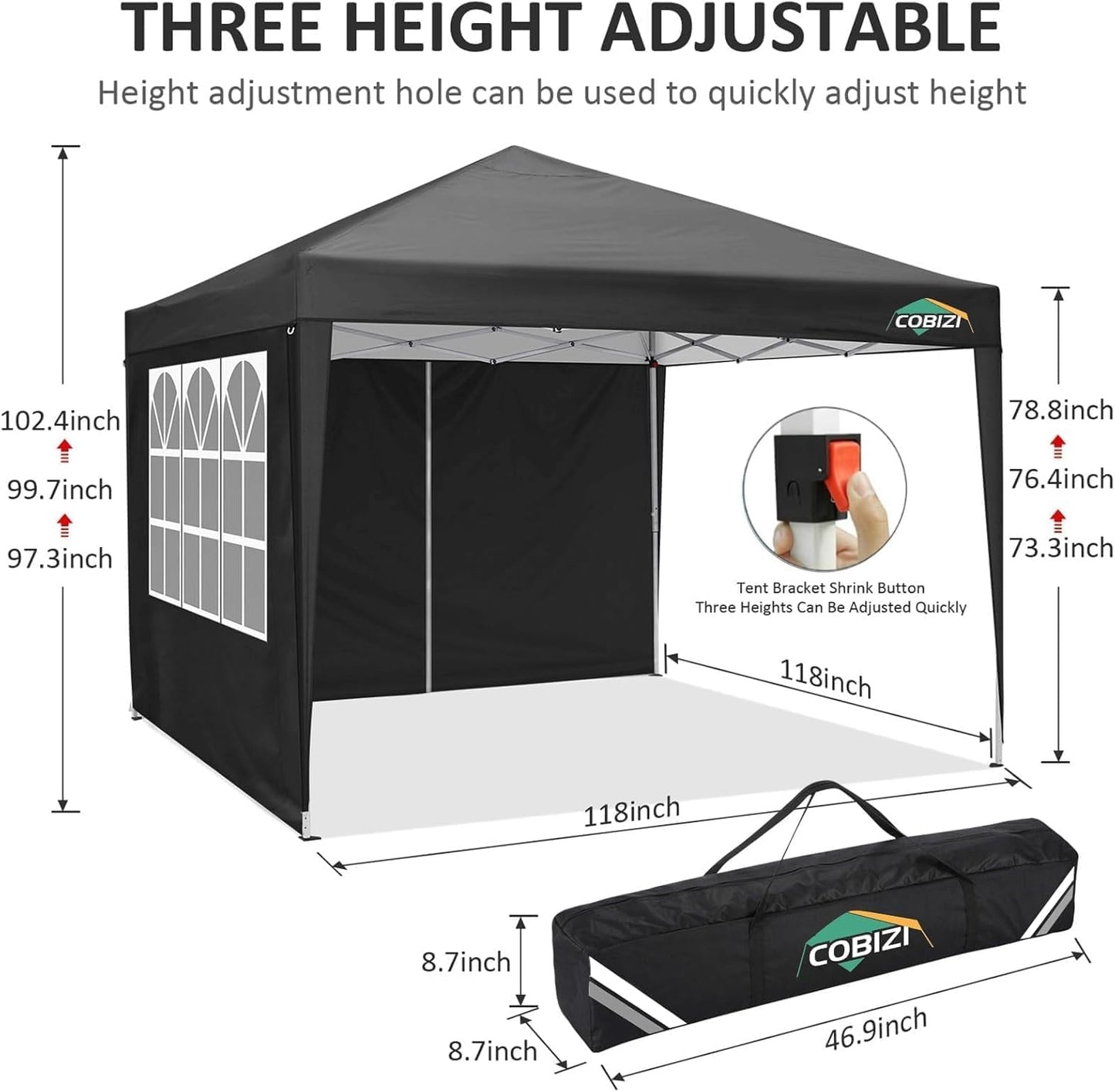 COBIZI 10x10 Pop Up Canopy Tent with 4 Sidewalls Party Tents Waterproof UPF 50+ Commercial Instant Outdoor Events Tent for Parties Markets Backyard, Ropes（10 x 10 ft Black
