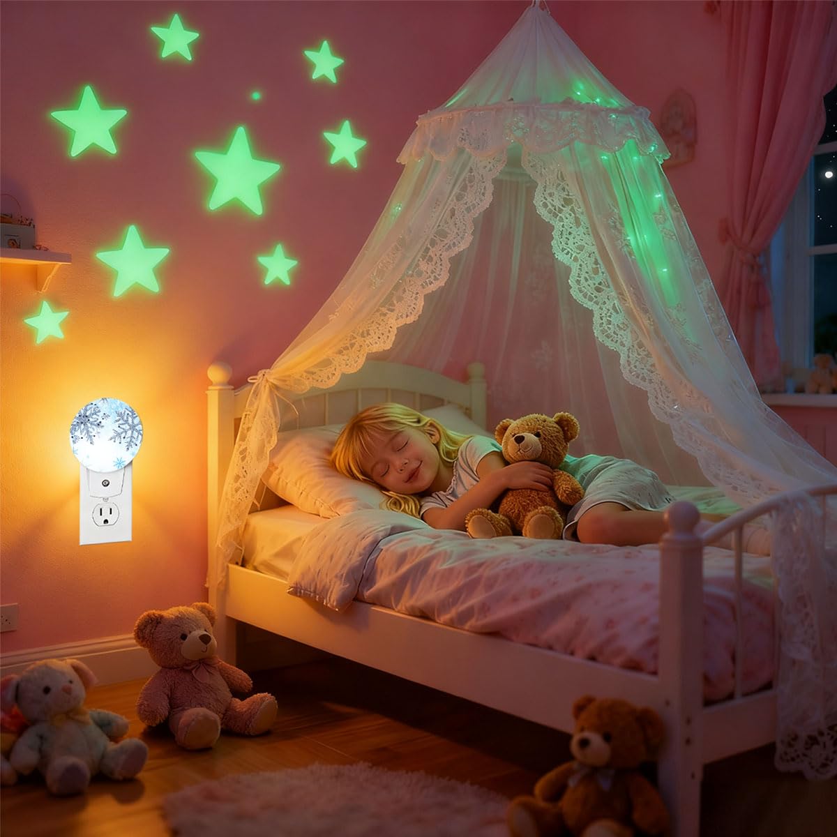 Olikked Plug-in Winter Frost Scene Night Light Sparkling Winter Crystals Snowflakes Nightlight with Dusk to Dawn Sensor, Auto On/Off 0.5W Energy-Saving LED Lighting for Sleep Friendly