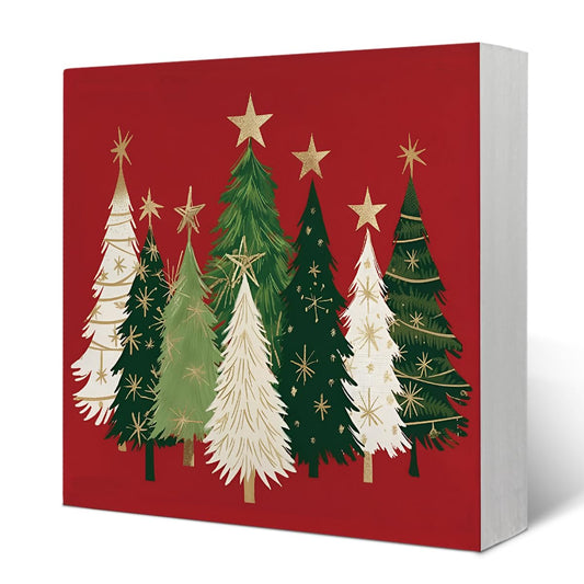 Yetmadi Christmas Trees Wooden Box Sign Plaque Decor, Rustic Christmas Artwork, Christmas Decorations for Home Shelf Mantel Fireplace Table Party Decor