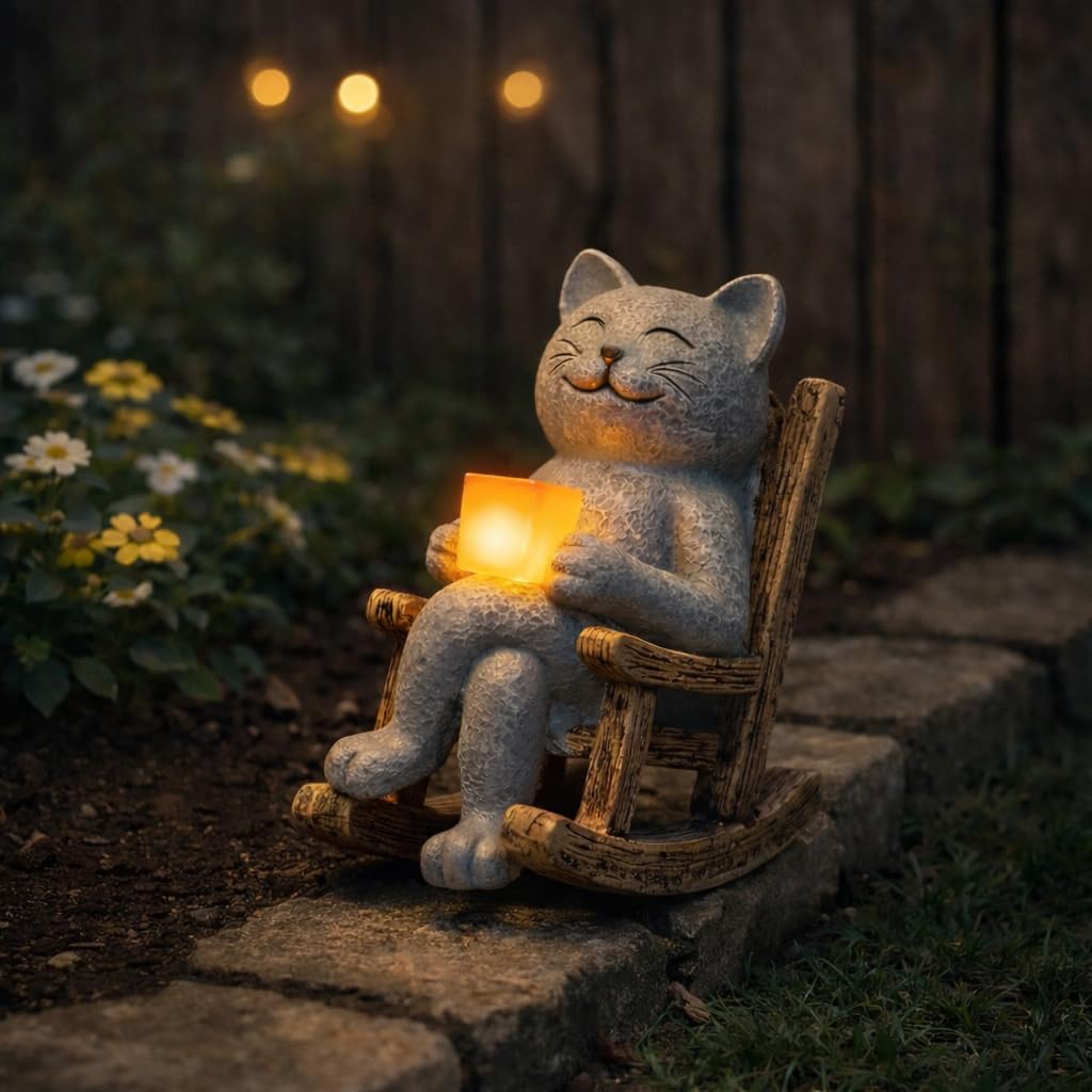 Lyeasw Cat Solar Garden Statues - 4inch Outdoor Decor for Patio, Lawn, Yard, Porch- Miniature Cute Cat Outdoor Figurine with LED Lights - Housewarming Birthday for Women, Mom, Cat Lovers