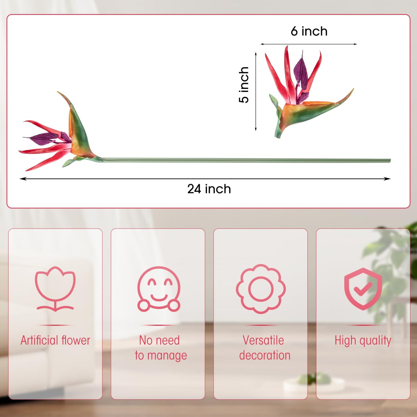 Hanaive 12 Pcs Bird of Paradise Artificial Plant 24 Inches Hawaiian Tropical Flowers Fake Rubber Strelitzia Faux Flowers Bouquet for Home Garden Office Wedding Indoor Outside Party Decor DIY (Pink)