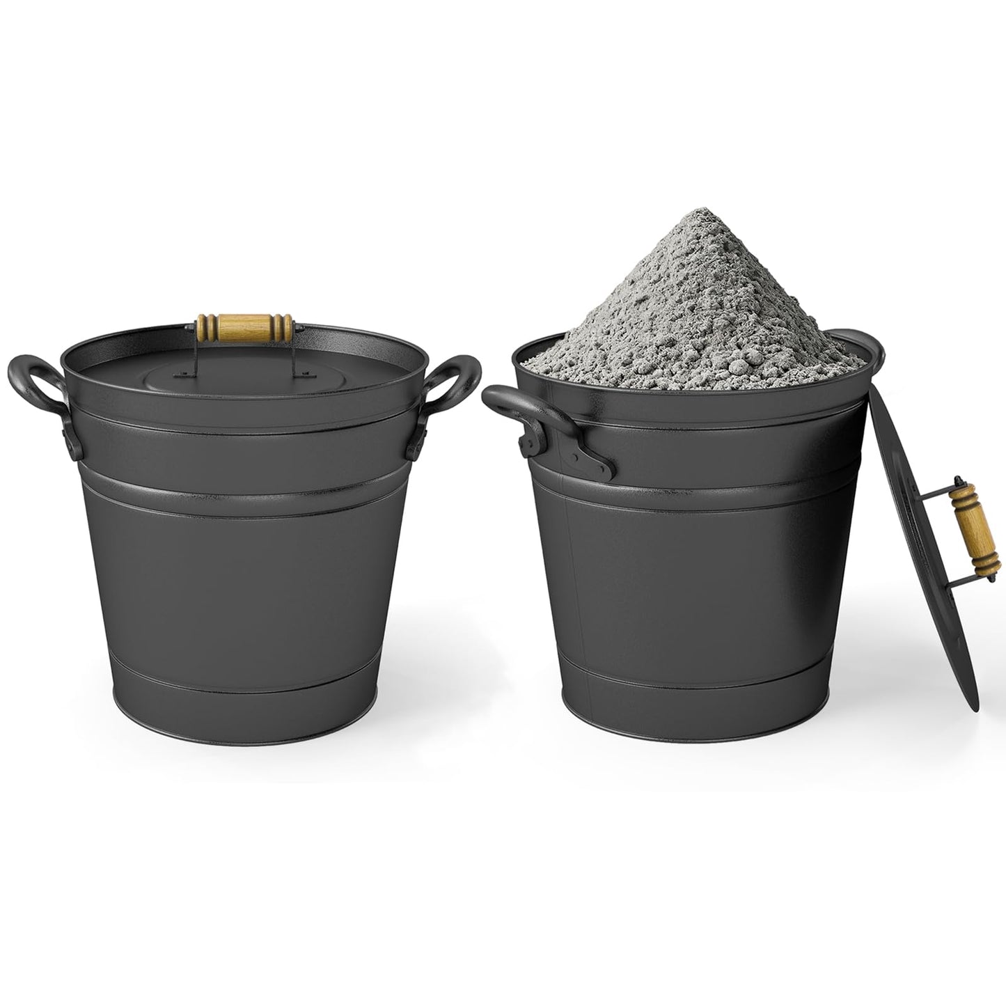 COSTWAY Ash Bucket with Lid Set of 2, 2.9 Gallon Metal Coal Ash Can w/Wooden Lid, Side Grips, Indoor & Outdoor Fireplace Ash Tool Cleaning Bucket for Fireplace Fire Pits Wood Burning Stoves, Black