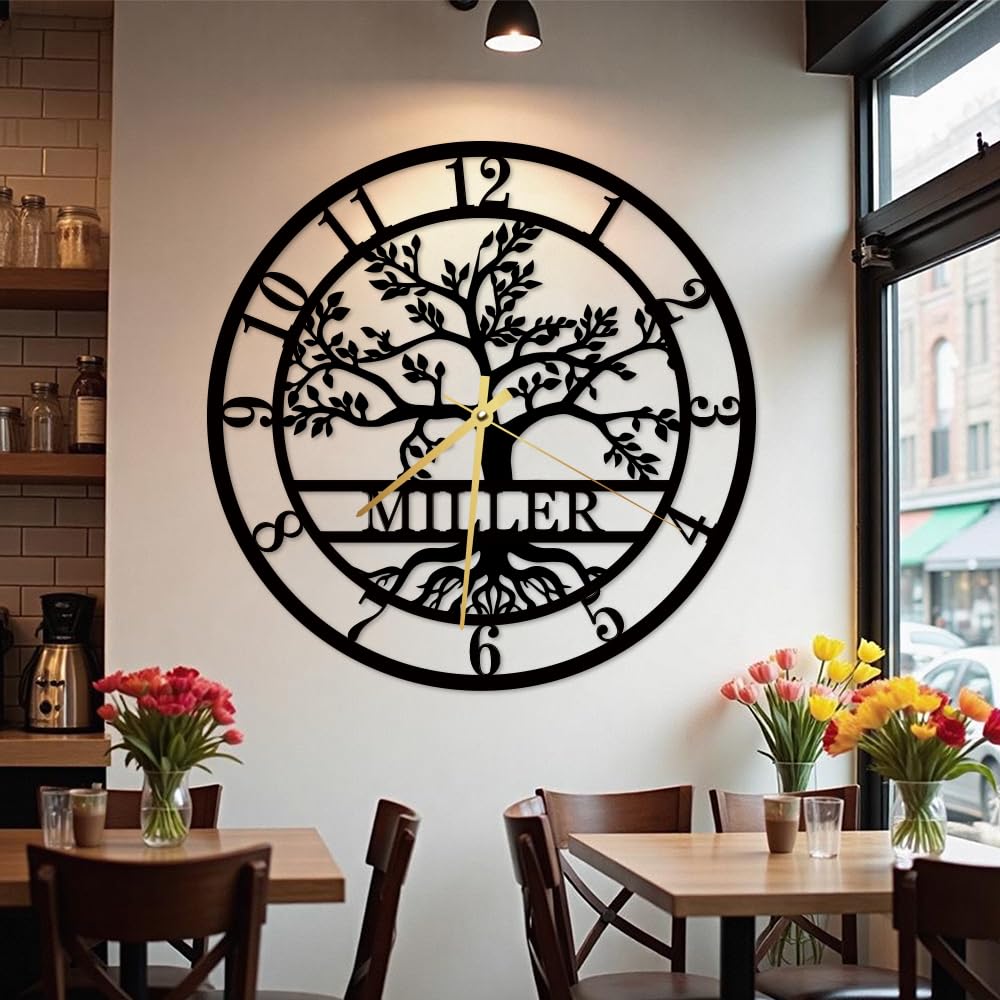 Custom Metal Tree of Life Wall Clock, Personalized Last Name Wall Decor, Silent Clock, Large Family Name Home Decor, Wall Hanging Olive Tree Sign, New Home Gift