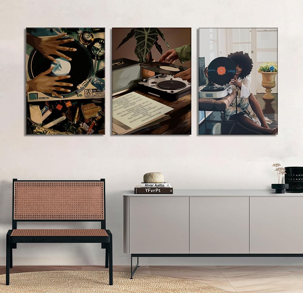 YFvrPt Black Girl Wall Art Decor Modern Black Woman Painting Prints, Set of 3 African American Music Record Player Poster Canvas Artwork for Bedroom Living Room 12x16 inch Framed