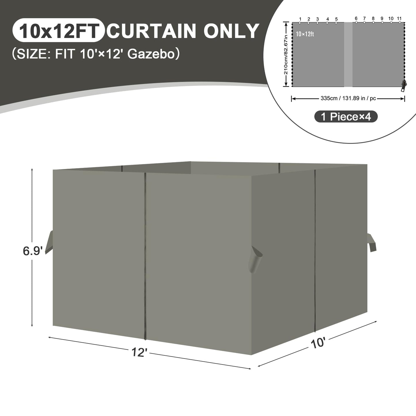 Aoodor 10x12 ft Outdoor Gazebo Curtains, 4 Panels Waterproof Privacy Sidewall Replacement with Zipper for Patio Pergola and Canopy, Gray
