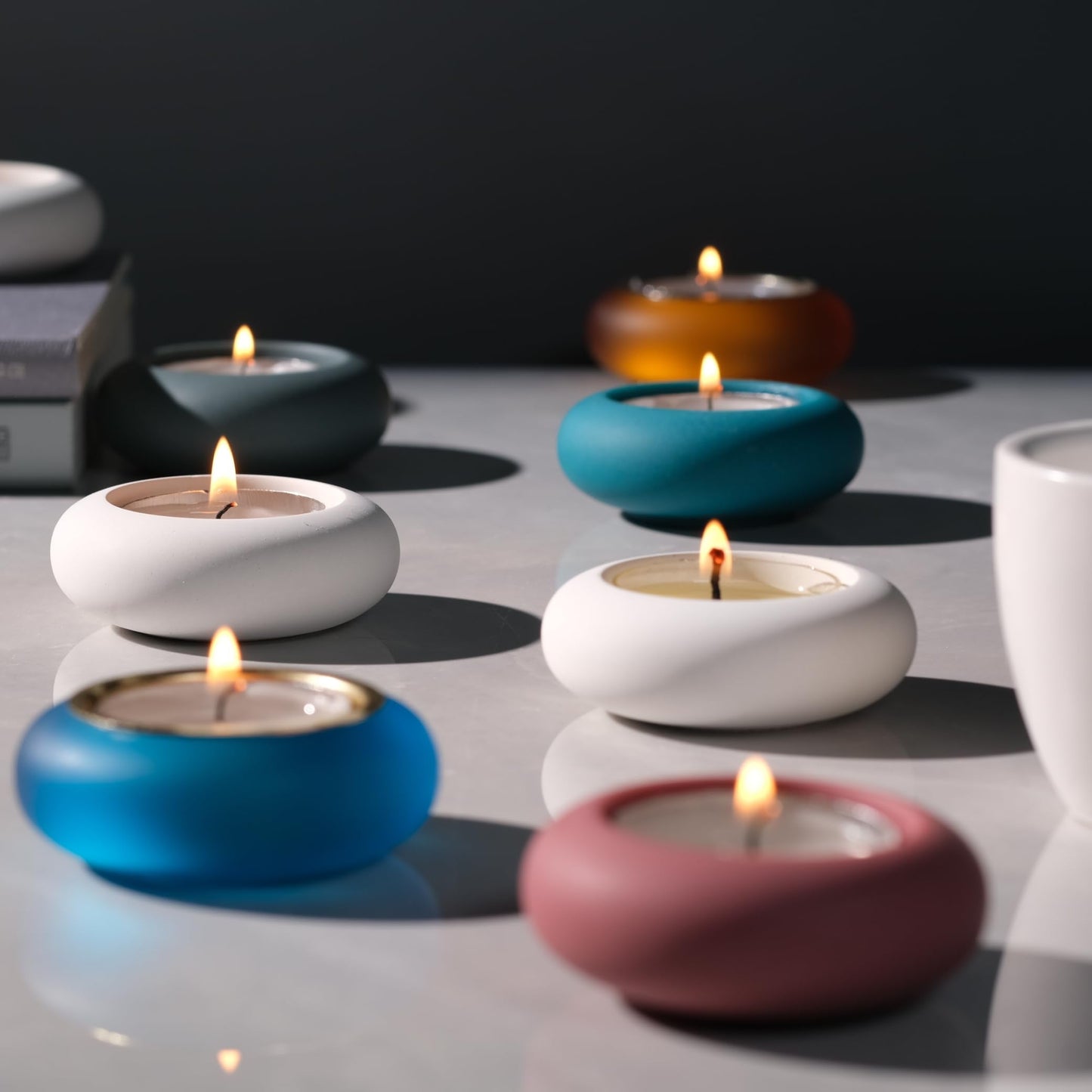 ICNBUYS Handmade Decorative Pebble Tealight Candle Holders Set of 8 - Handcrafted Home Decor Accent for Calming Earthy Aesthetic White Cement Diameter 2.6 inches