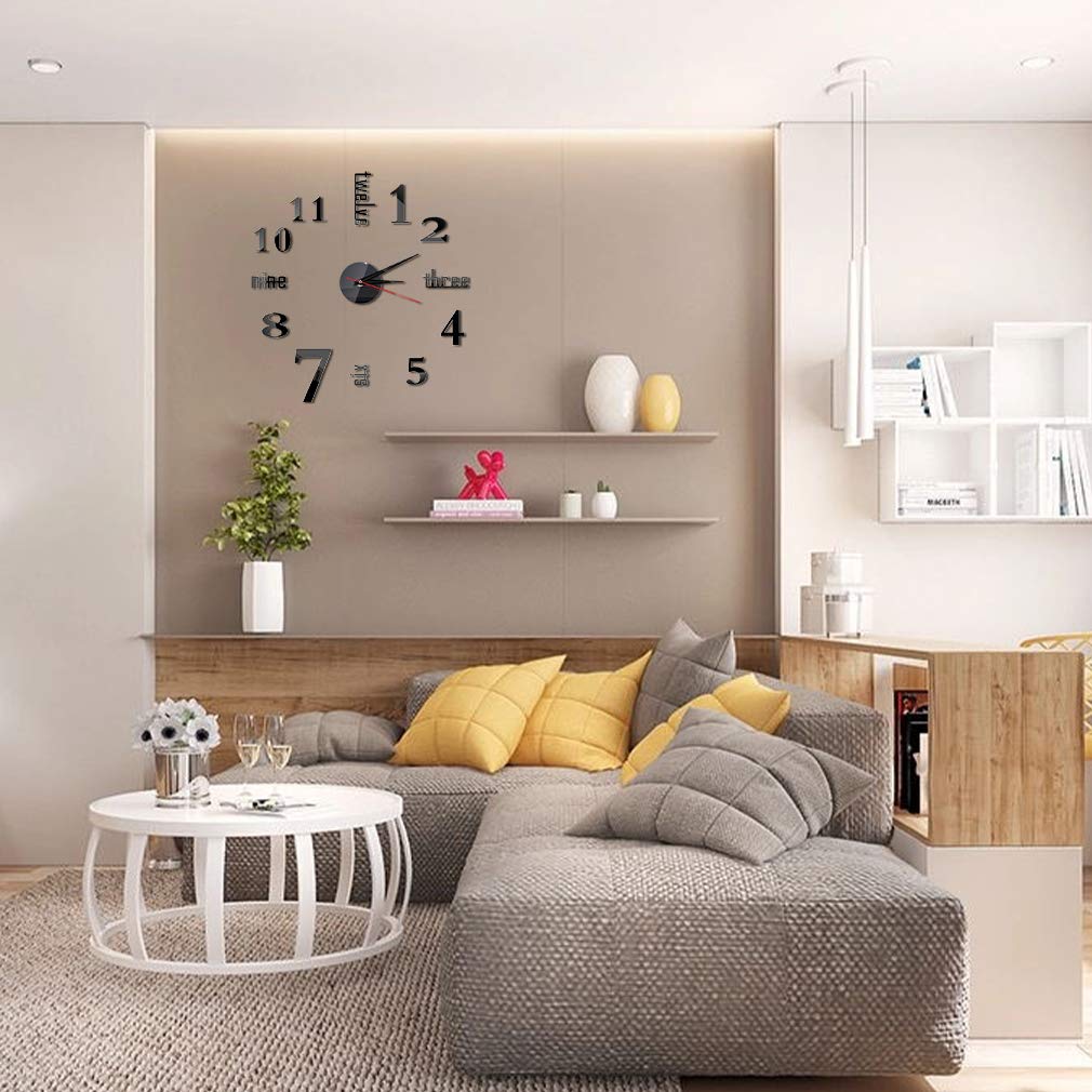 Hxezoc 10inch-20inch Frameless DIY Wall Clock Black 3D Mute Round Shape Quartz Wall Clock Sticker DIY Wall Decoration for Home Living Room Bedroom Office Classroom