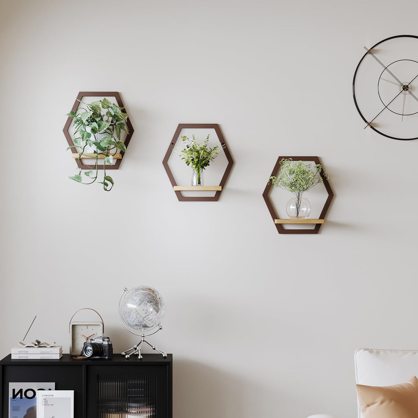 Rioneta 3 Pack Solid Wood & Heavy Duty Metal Wall Plant Stands,9 inch Natural Wood Shelf, Boho Arch Hanging Planter for Indoor 25 LB Load for Plants Coffee