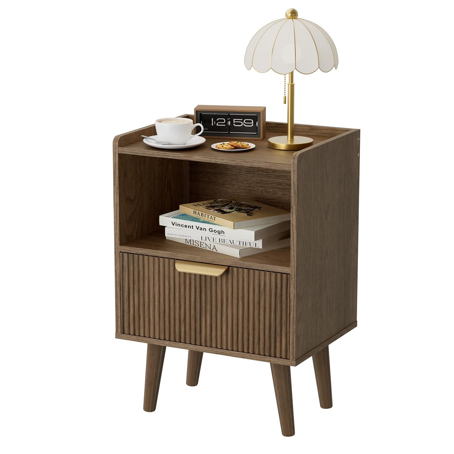 Apicizon Modern Nightstand with Storage Drawer and Open Wood Shelf, Fluted Night Stand with Solid Wood Legs, Bedside Table for Bedroom,Small Spaces, Easy Assembly,Walnut