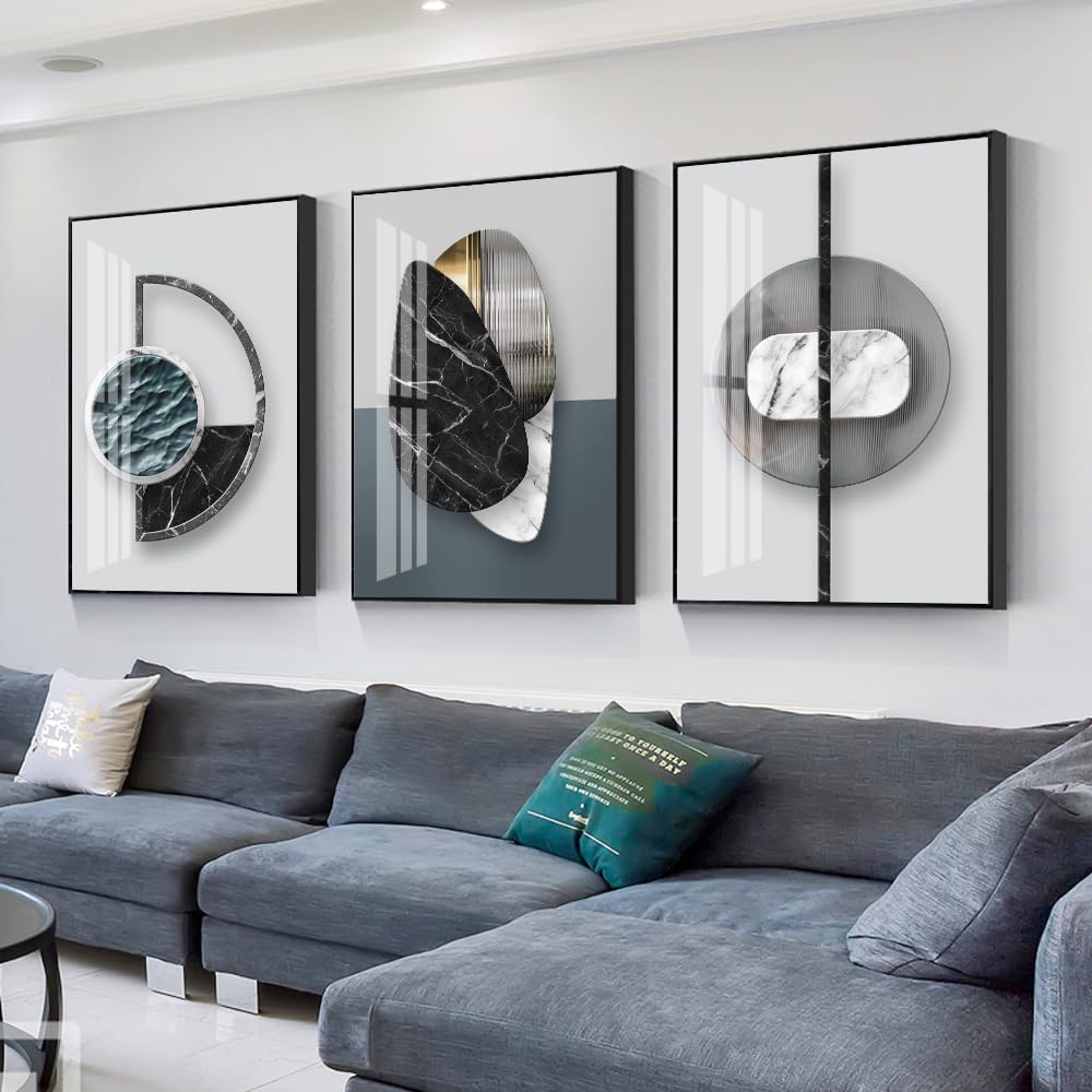 QKF Extra Large Frame Bright Geometry Abstract Canvas Wall Art Modern Home Living Room Bedroom Bathroom Wall Decor Poster & Prints Set of 3 Paintings 24"x 32" (Black Ash, 24" X 32" X 3 pieces)